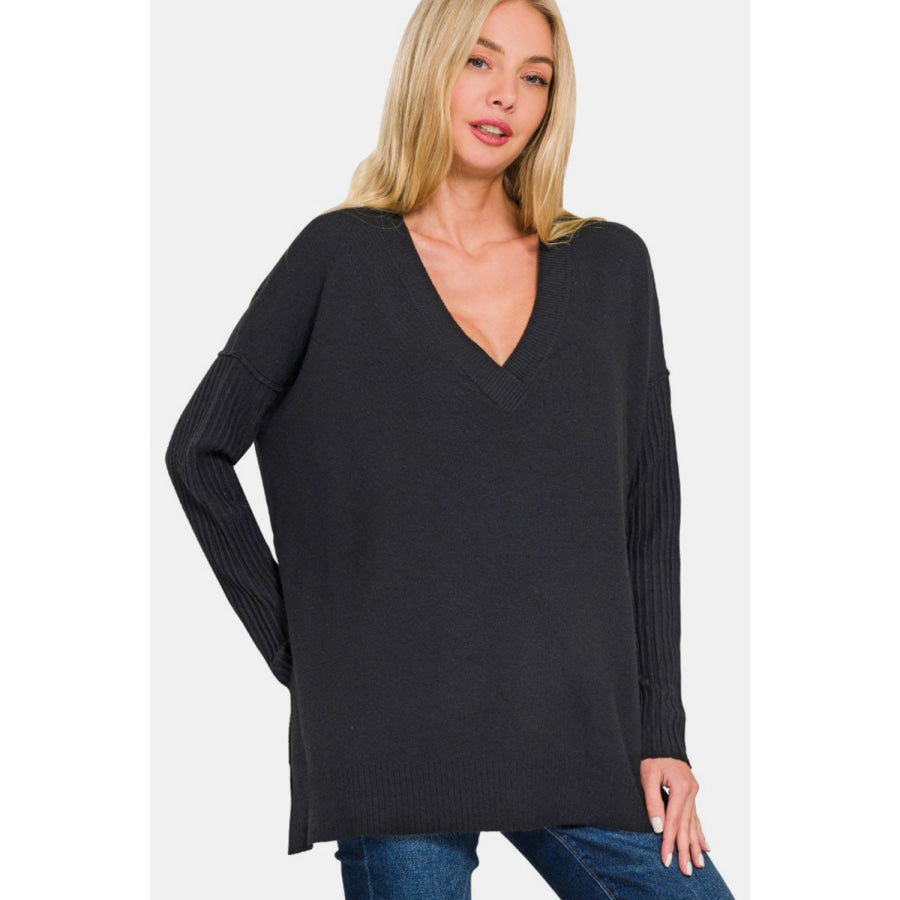 Zenana V-Neck Side Slit High-Low Sweater Black / S/M Apparel and Accessories