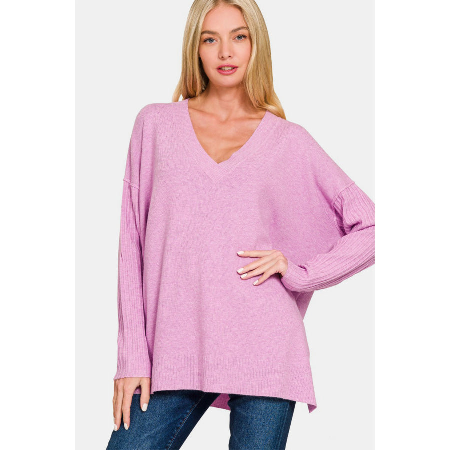 Zenana V-Neck Side Slit High-Low Sweater H Mauve / S/M Apparel and Accessories