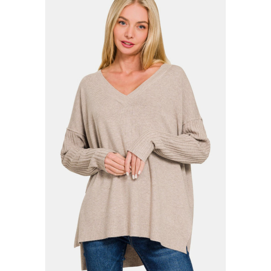 Zenana V-Neck Side Slit High-Low Sweater H Mocha / S/M Apparel and Accessories