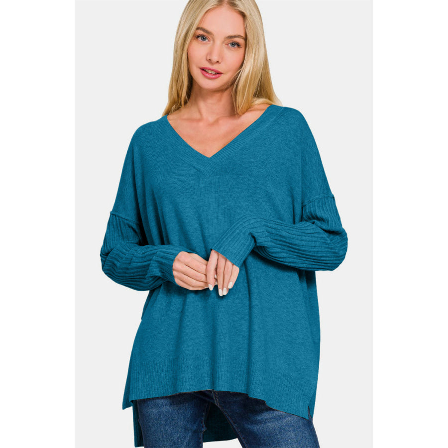 Zenana V-Neck Side Slit High-Low Sweater H Ocean Teal / S/M Apparel and Accessories