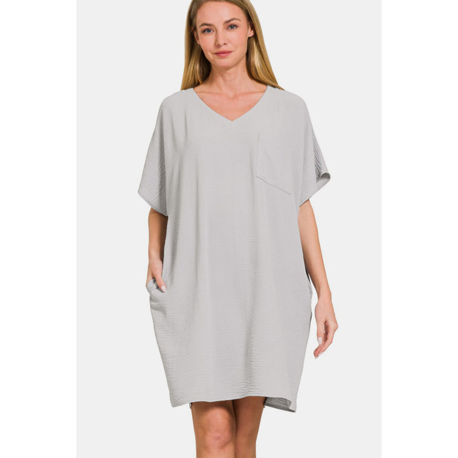 Zenana V-Neck Tee Dress with Pockets Lt Grey / S Apparel and Accessories