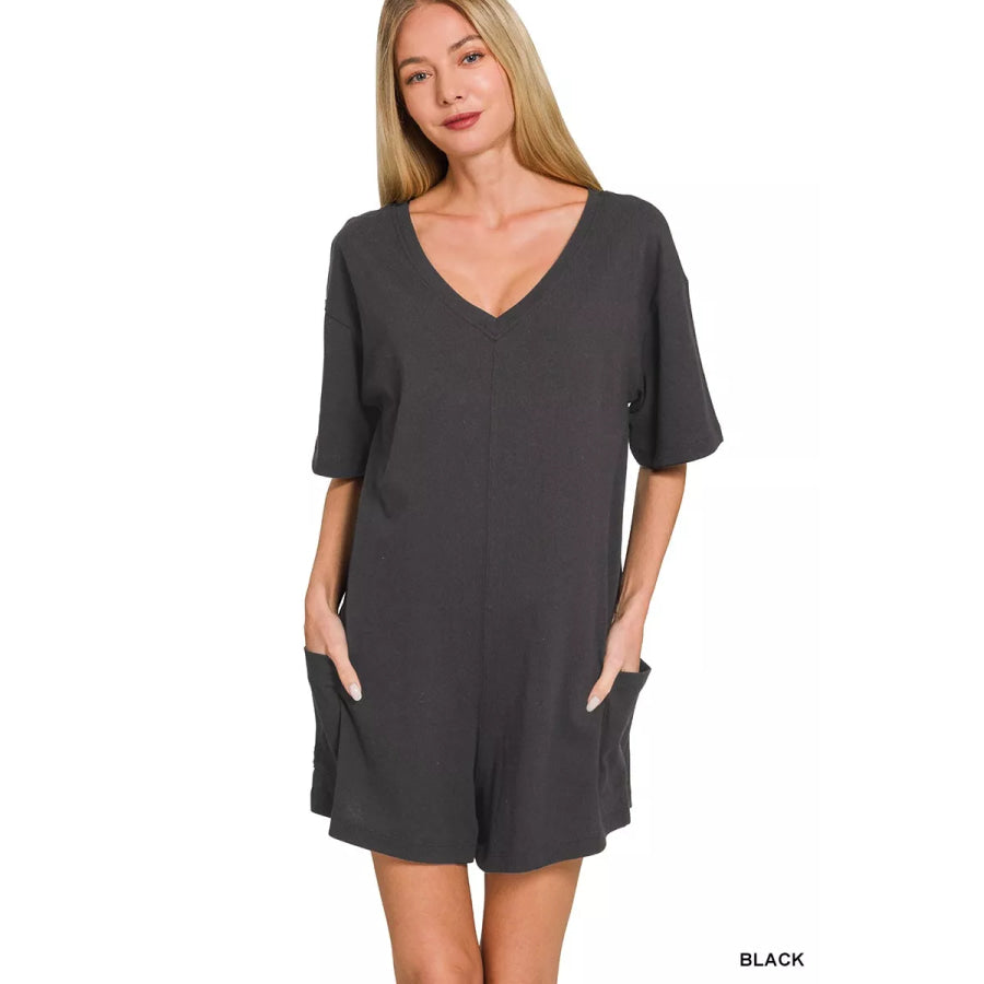 Zenana V or Scoop Neck Reversible 2-Way Romper Apparel and Accessories