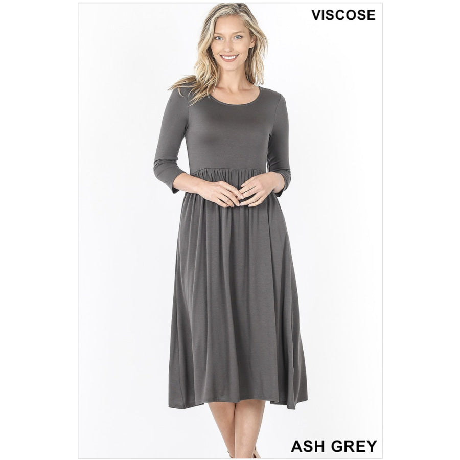 NEW! Viscose 3/4 Sleeve Dress With Waist Shirring Ash Grey / 1XL Dresses