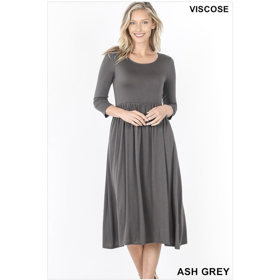 NEW! Viscose 3/4 Sleeve Dress With Waist Shirring Ash Grey / 1XL Dresses