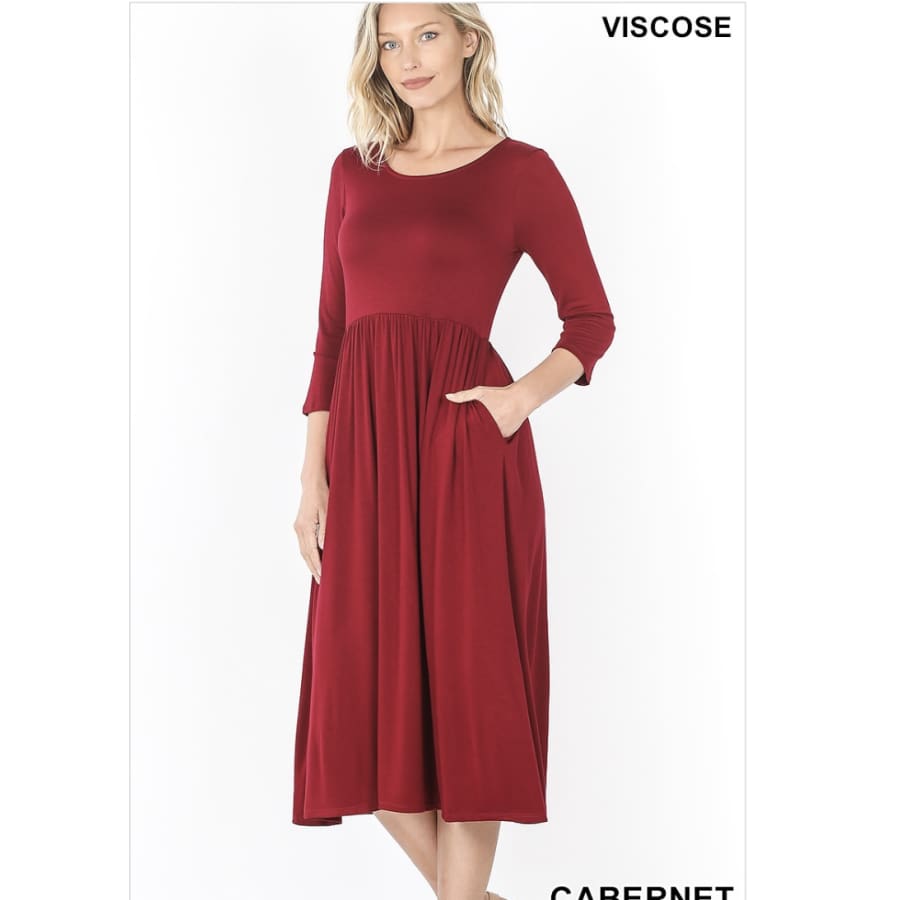 NEW! Viscose 3/4 Sleeve Dress With Waist Shirring Cabernet / 1XL Dresses