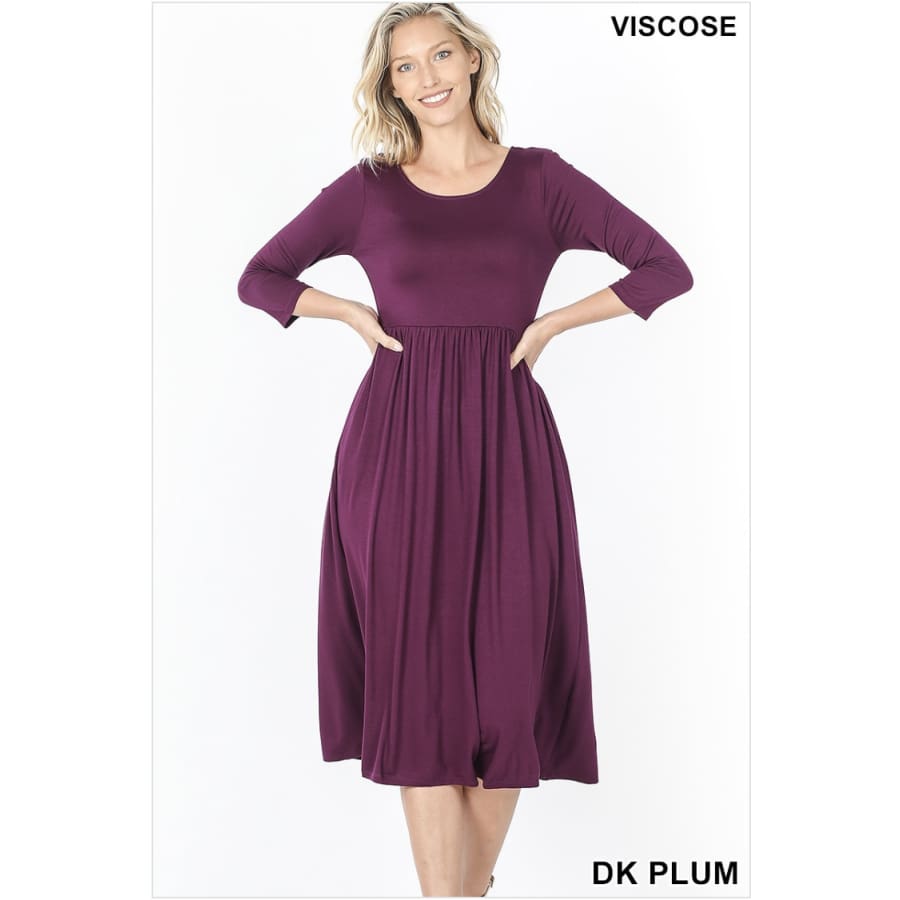 NEW! Viscose 3/4 Sleeve Dress With Waist Shirring Dark Plum / 1XL Dresses