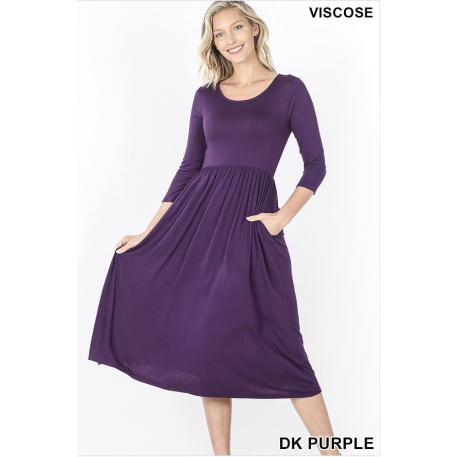 NEW! Viscose 3/4 Sleeve Dress With Waist Shirring Dark Purple / 1XL Dresses