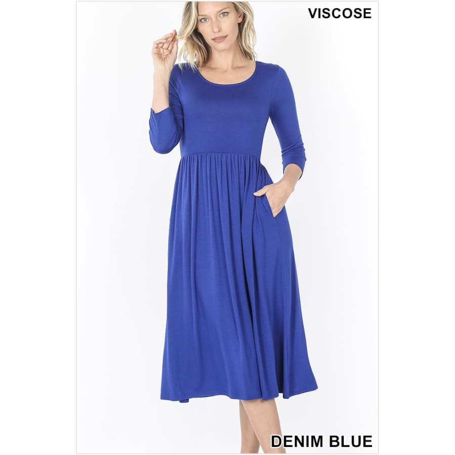NEW! Viscose 3/4 Sleeve Dress With Waist Shirring Denim Blue / 1XL Dresses