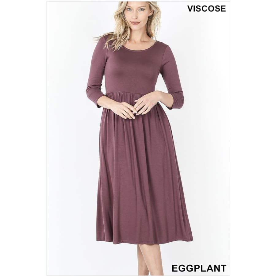 NEW! Viscose 3/4 Sleeve Dress With Waist Shirring Eggplant / 1XL Dresses