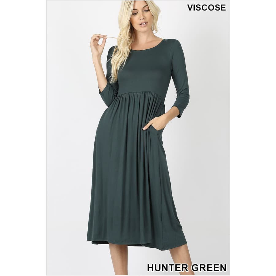 NEW! Viscose 3/4 Sleeve Dress With Waist Shirring Hunter Green / 1XL Dresses