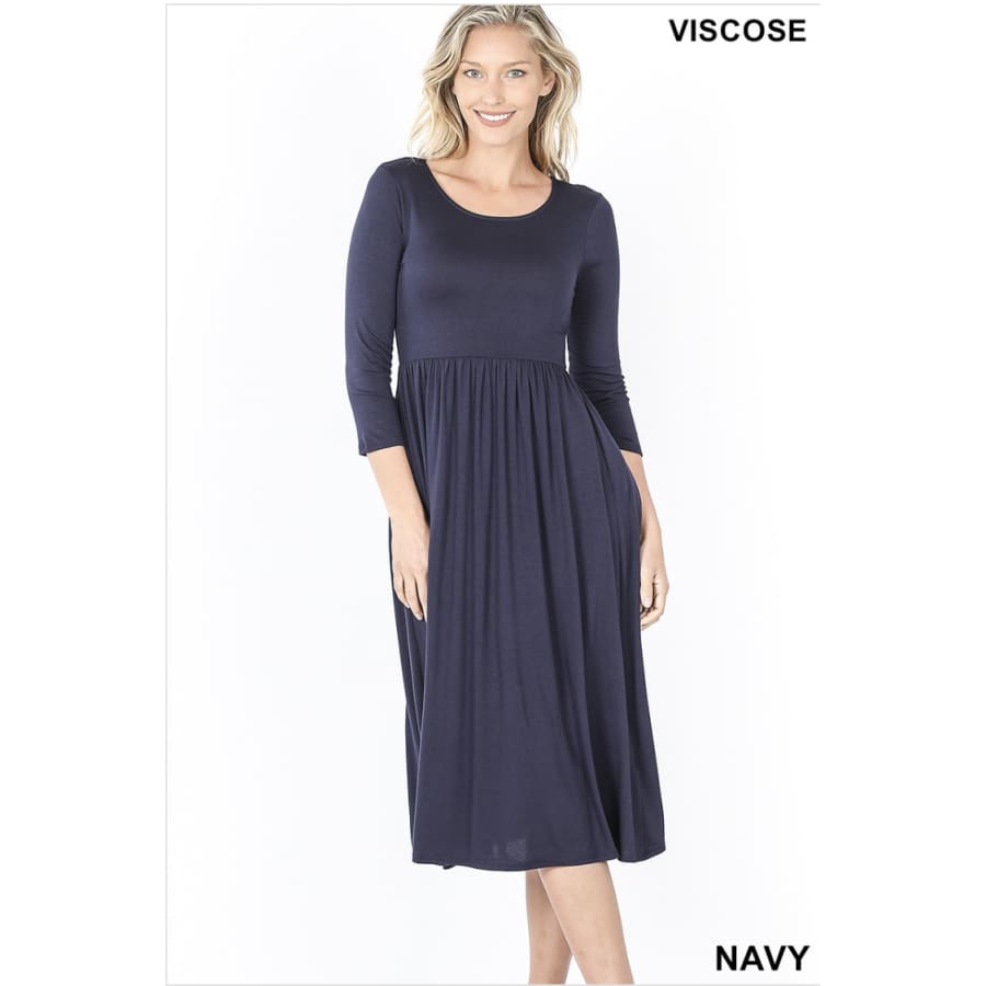 NEW! Viscose 3/4 Sleeve Dress With Waist Shirring Navy / 1XL Dresses