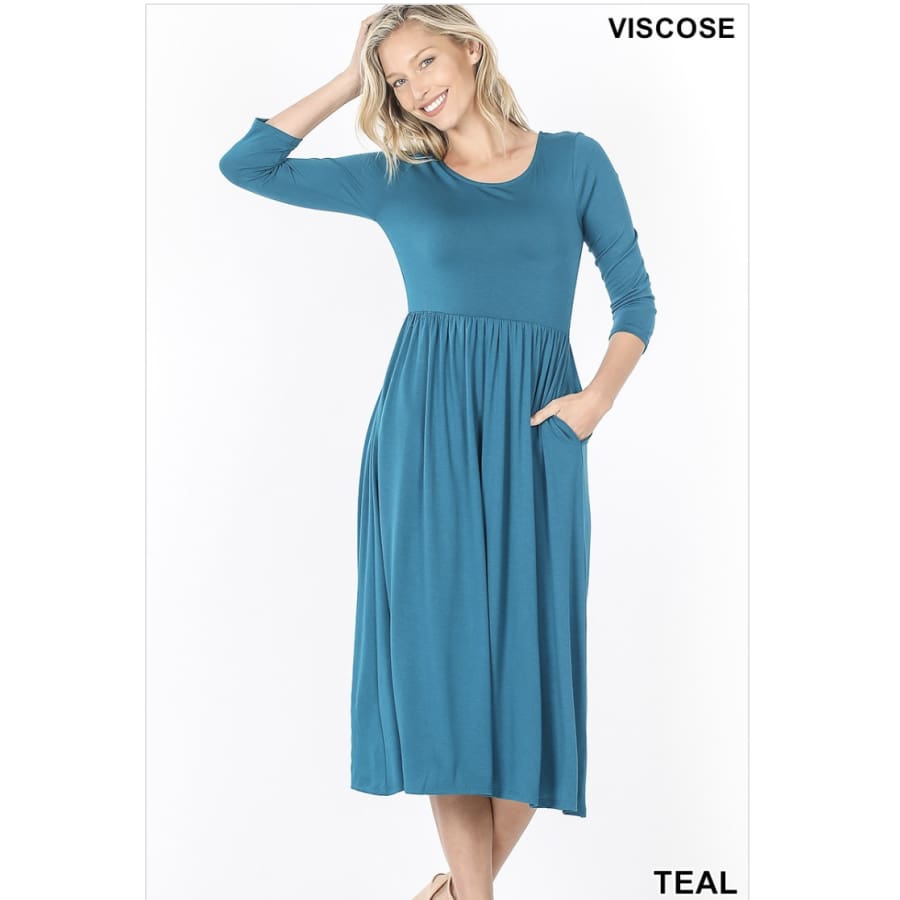 NEW! Viscose 3/4 Sleeve Dress With Waist Shirring Teal / 1XL Dresses