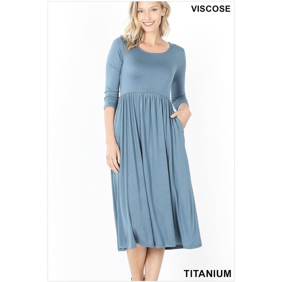 NEW! Viscose 3/4 Sleeve Dress With Waist Shirring Titanium / 1XL Dresses