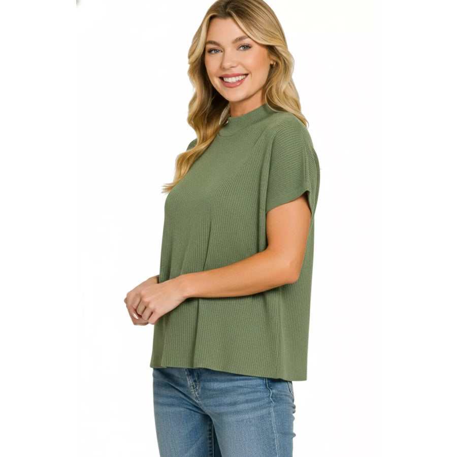 Zenana Viscose Mock Neck Short Sleeve Boxy Sweater Apparel and Accessories
