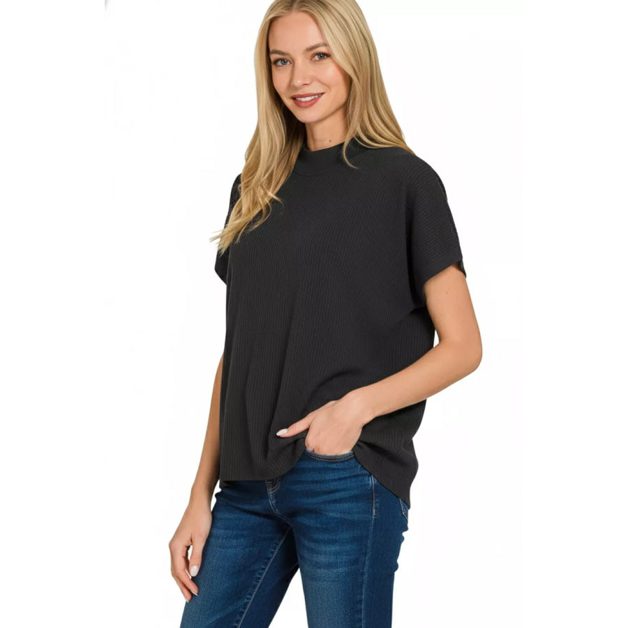 Zenana Viscose Mock Neck Short Sleeve Boxy Sweater Apparel and Accessories
