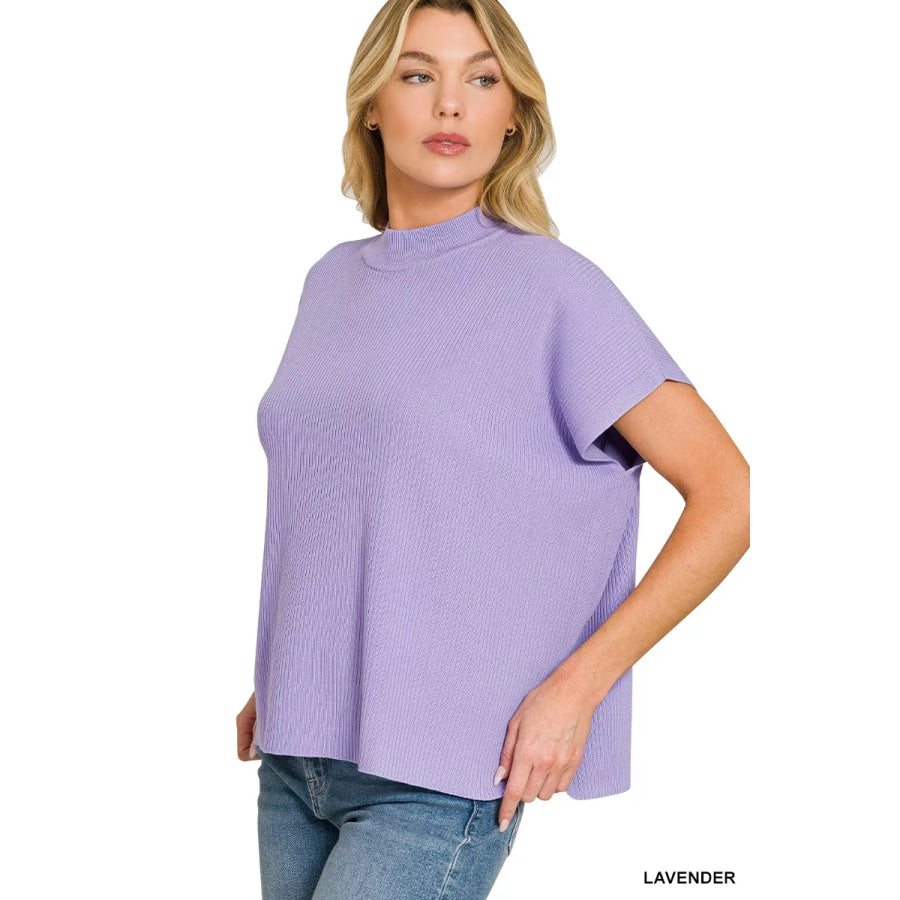 Zenana Viscose Mock Neck Short Sleeve Boxy Sweater LAVENDER / S Apparel and Accessories
