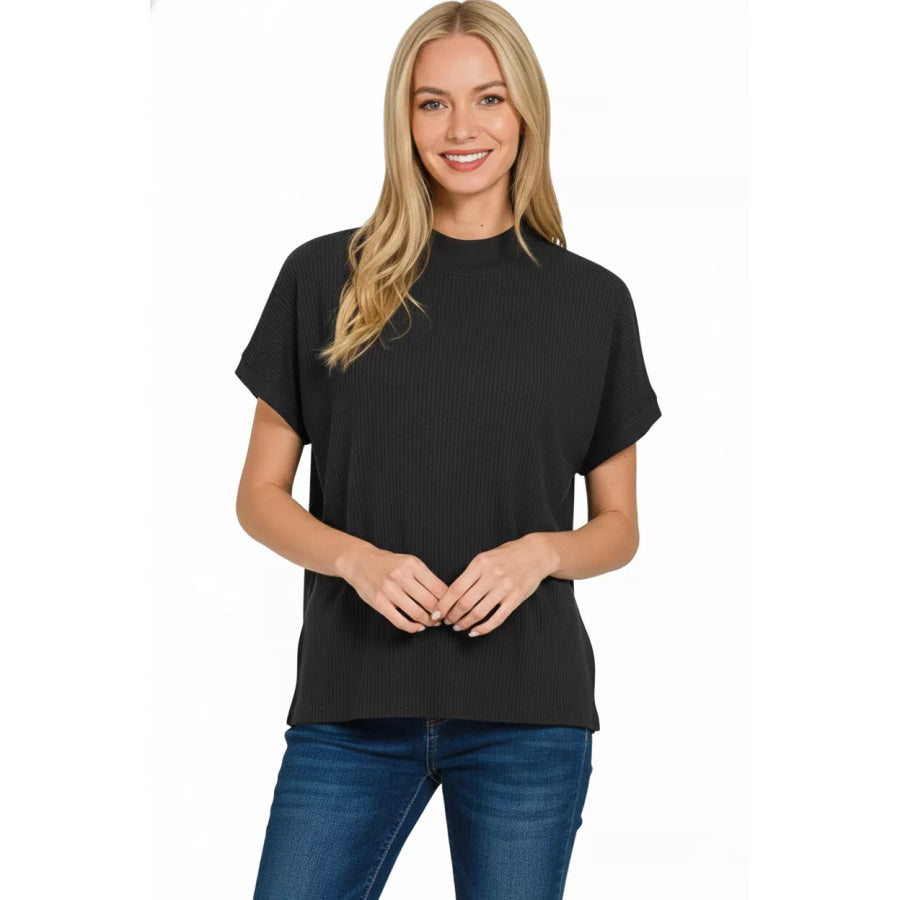 Zenana Viscose Mock Neck Short Sleeve Boxy Sweater BLACK / S Apparel and Accessories