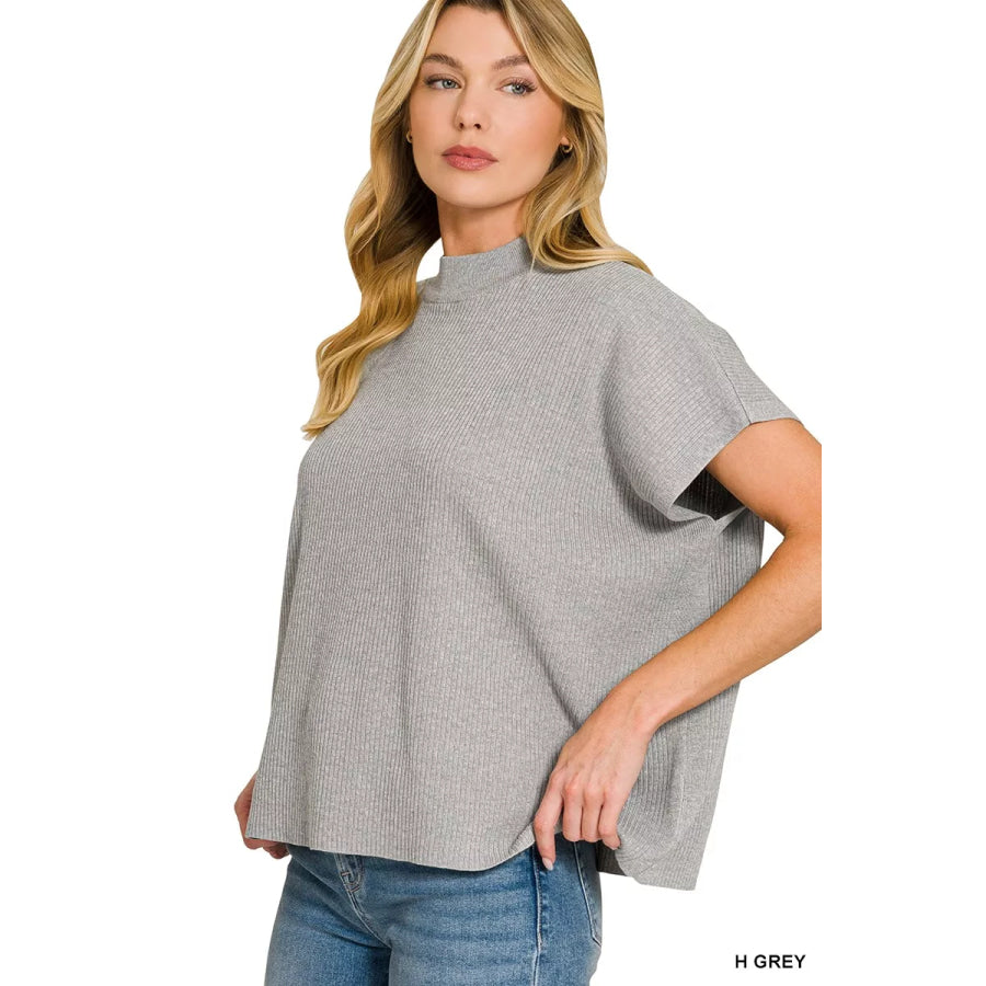 Zenana Viscose Mock Neck Short Sleeve Boxy Sweater Apparel and Accessories