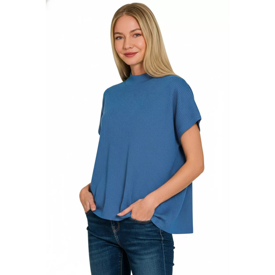 Zenana Viscose Mock Neck Short Sleeve Boxy Sweater Apparel and Accessories