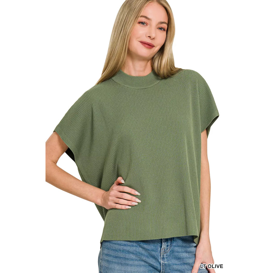 Zenana Viscose Mock Neck Short Sleeve Boxy Sweater LT OLIVE / S Apparel and Accessories