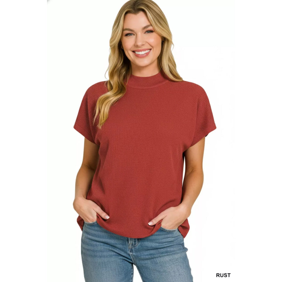 Zenana Viscose Mock Neck Short Sleeve Boxy Sweater Apparel and Accessories