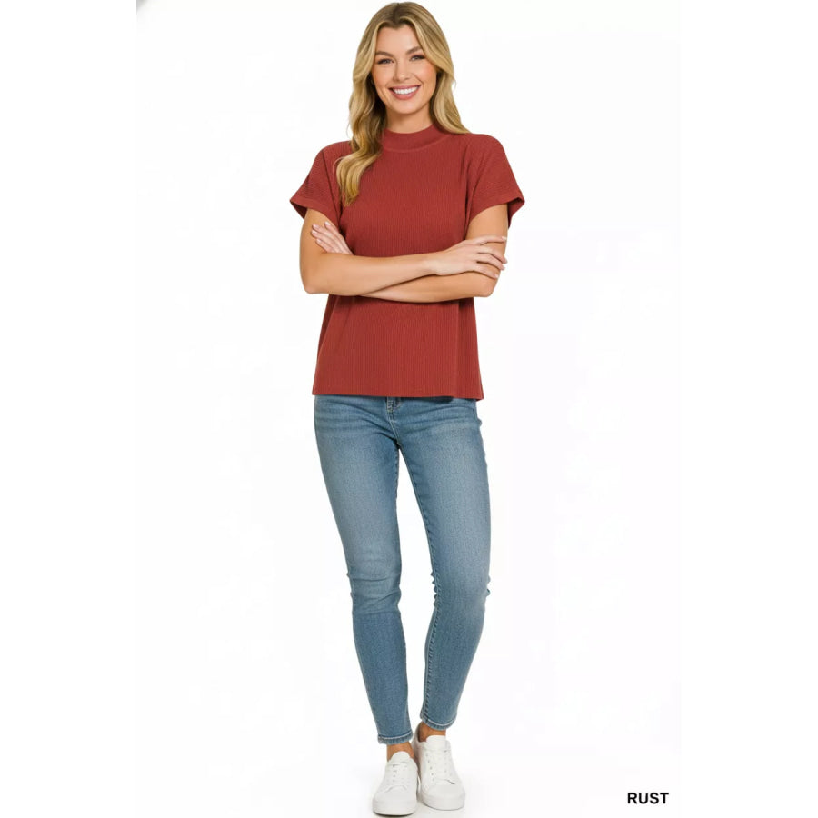 Zenana Viscose Mock Neck Short Sleeve Boxy Sweater Apparel and Accessories