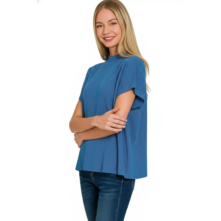 Zenana Viscose Mock Neck Short Sleeve Boxy Sweater Apparel and Accessories