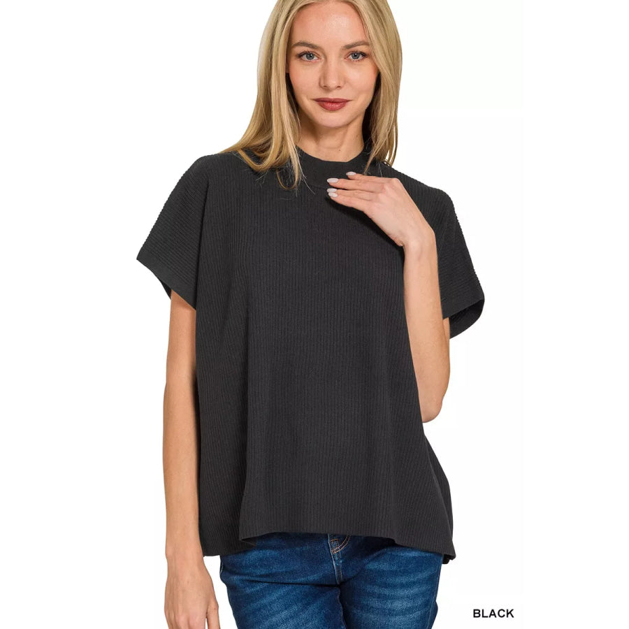 Zenana Viscose Mock Neck Short Sleeve Boxy Sweater BLACK / S Apparel and Accessories