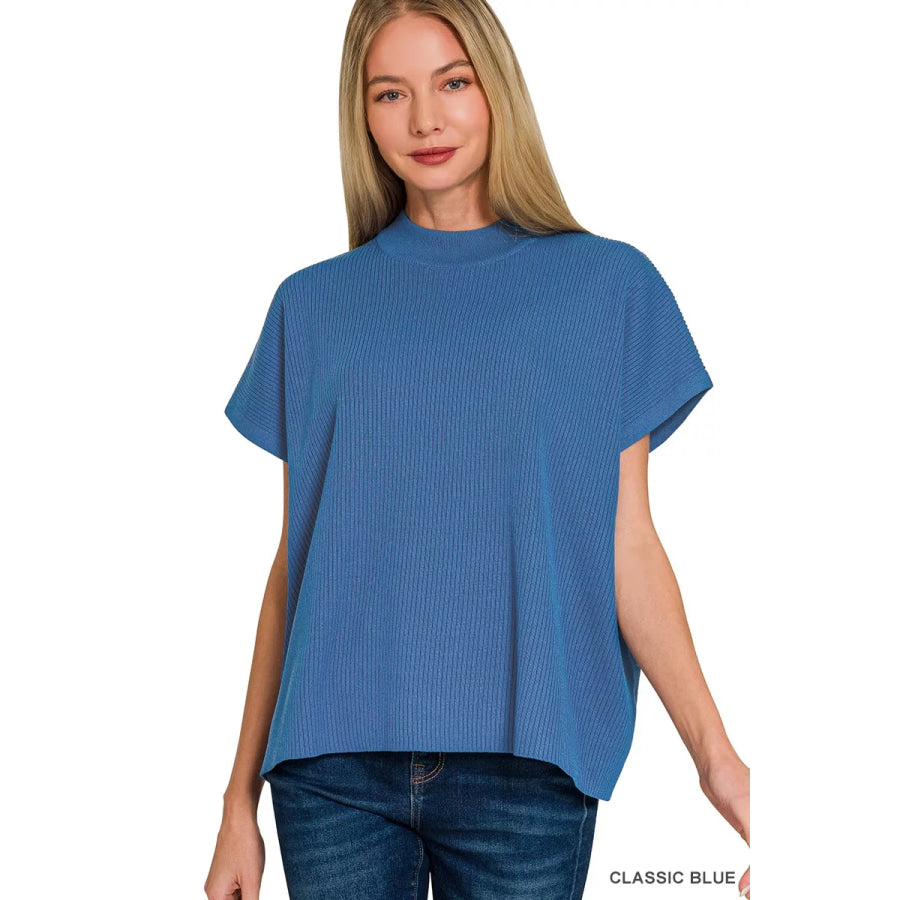 Zenana Viscose Mock Neck Short Sleeve Boxy Sweater CLASSIC BLUE / S Apparel and Accessories