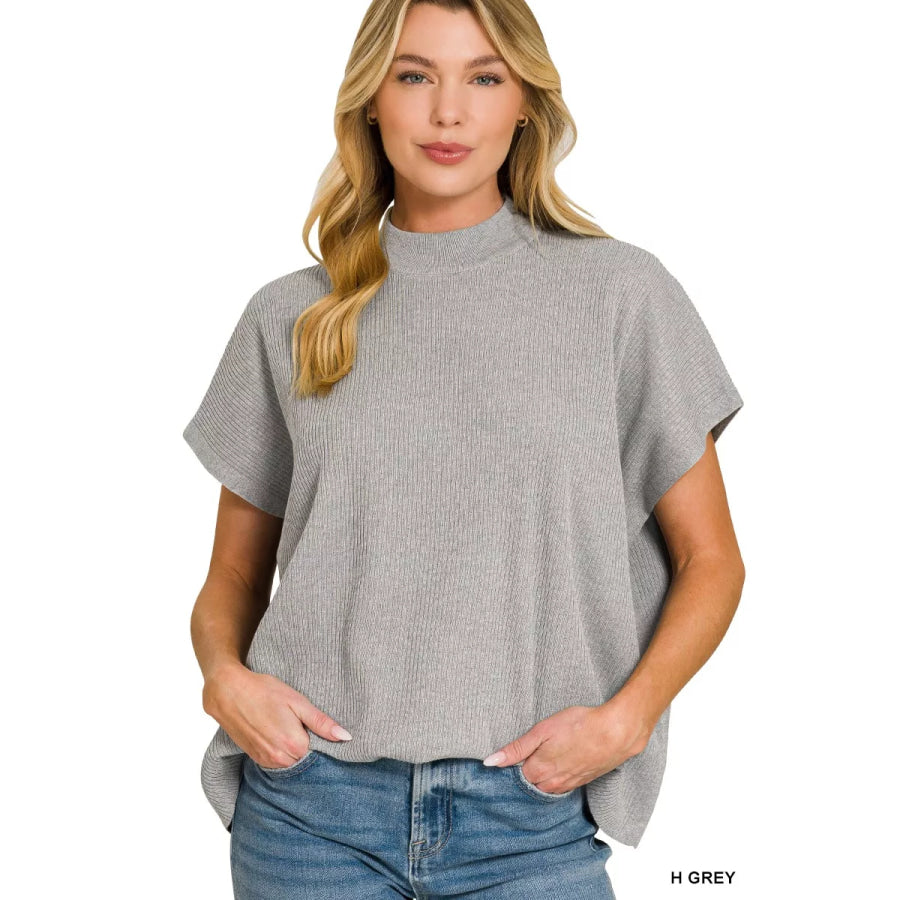 Zenana Viscose Mock Neck Short Sleeve Boxy Sweater H GREY / S Apparel and Accessories