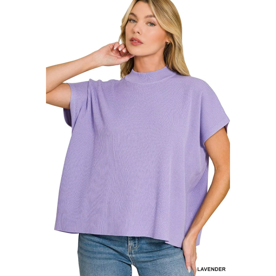 Zenana Viscose Mock Neck Short Sleeve Boxy Sweater LAVENDER / S Apparel and Accessories