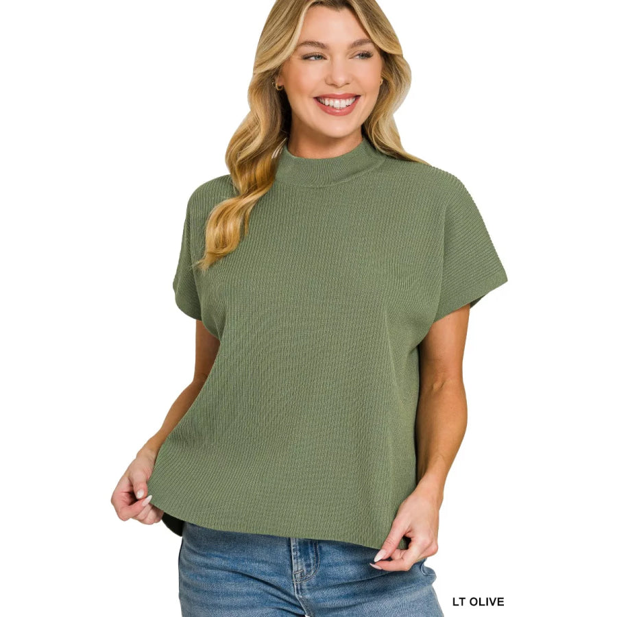 Zenana Viscose Mock Neck Short Sleeve Boxy Sweater LT OLIVE / S Apparel and Accessories