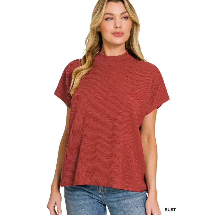 Zenana Viscose Mock Neck Short Sleeve Boxy Sweater RUST / S Apparel and Accessories