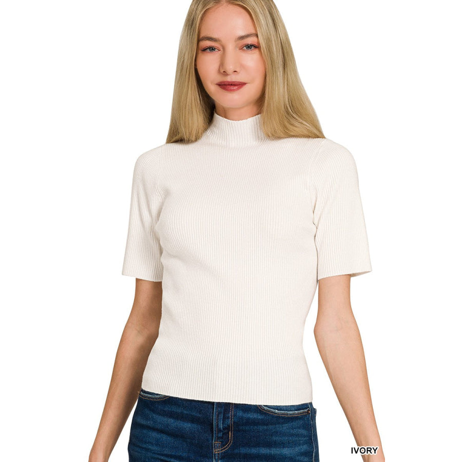 Zenana Viscose Ribbed Mock Neck Sweater IVORY / S Apparel and Accessories