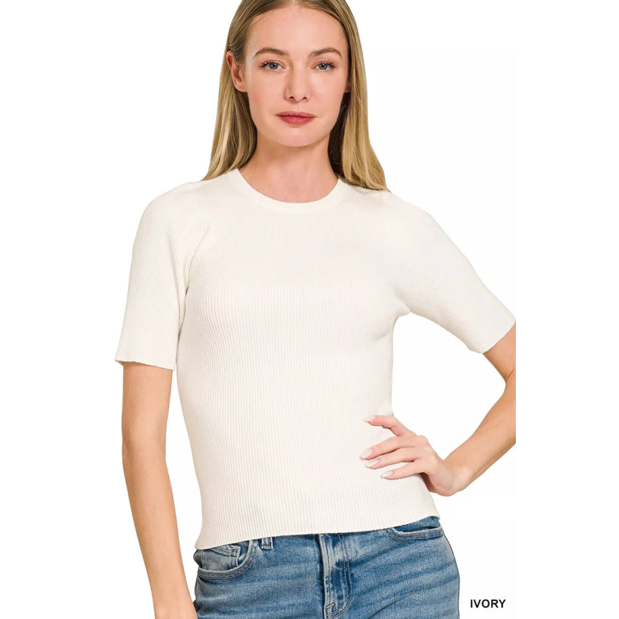 Zenana Viscose Ribbed Round Neck Sweater IVORY / S Apparel and Accessories