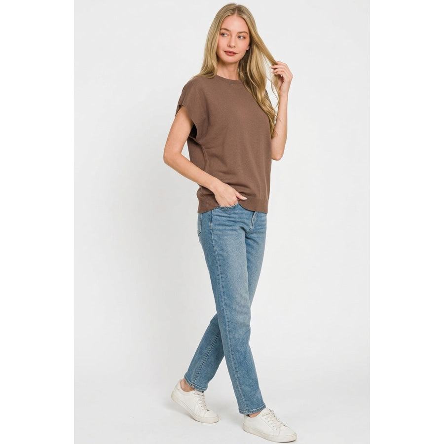 Zenana Viscose Round-neck Short Sleeve Sweater BROWN / S Apparel and Accessories