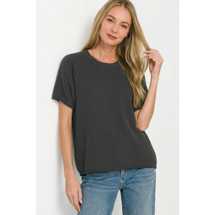 Zenana Viscose Round-neck Short Sleeve Sweater BLACK / S Apparel and Accessories