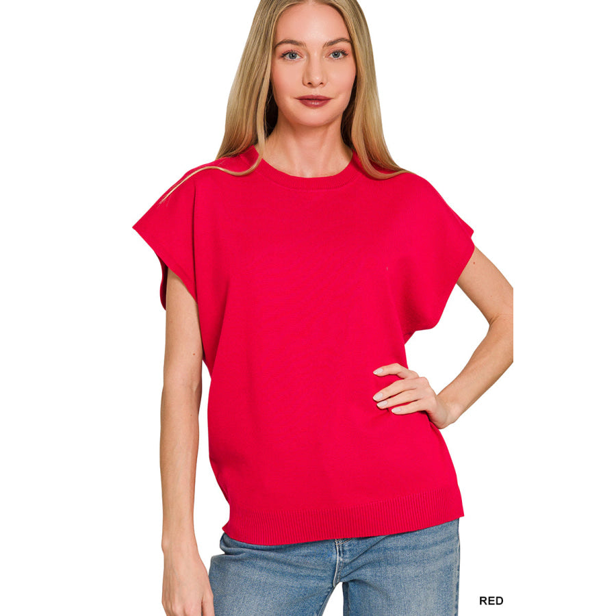 Zenana Viscose Round-neck Short Sleeve Sweater RED / S Apparel and Accessories