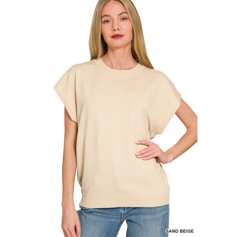 Zenana Viscose Round-neck Short Sleeve Sweater SAND BEIGE / S Apparel and Accessories