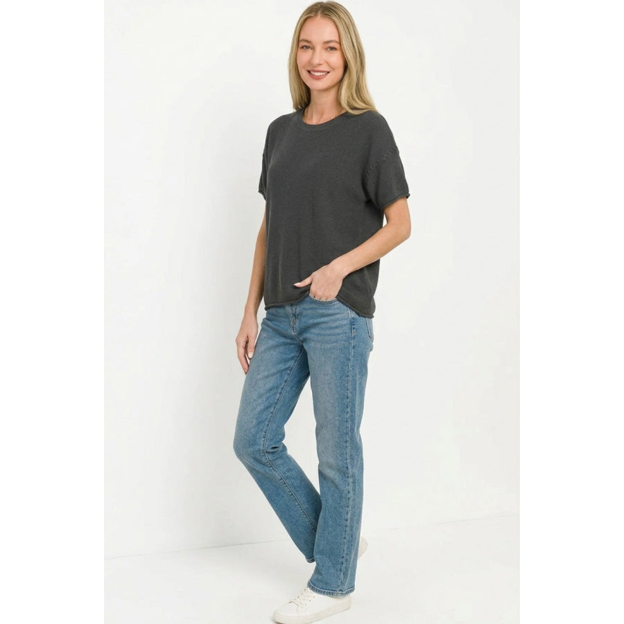 Zenana Viscose Round-neck Short Sleeve Sweater Apparel and Accessories
