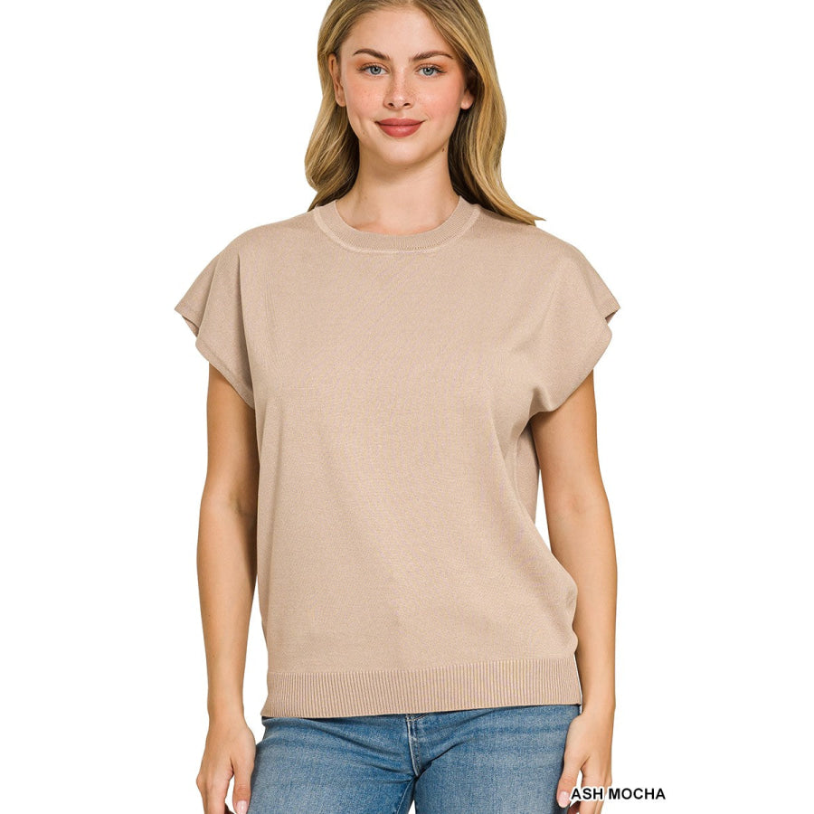 Zenana Viscose Round-neck Short Sleeve Sweater ASH MOCHA / S Apparel and Accessories