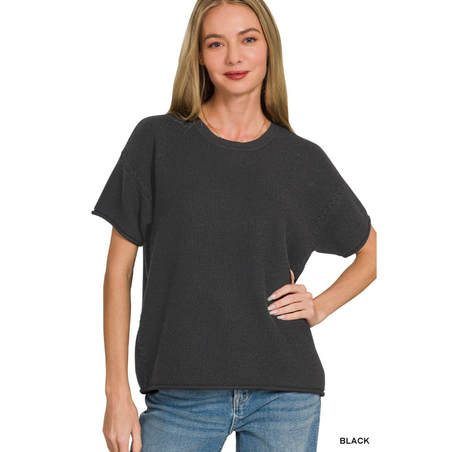 Zenana Viscose Round-neck Short Sleeve Sweater BLACK / S Apparel and Accessories