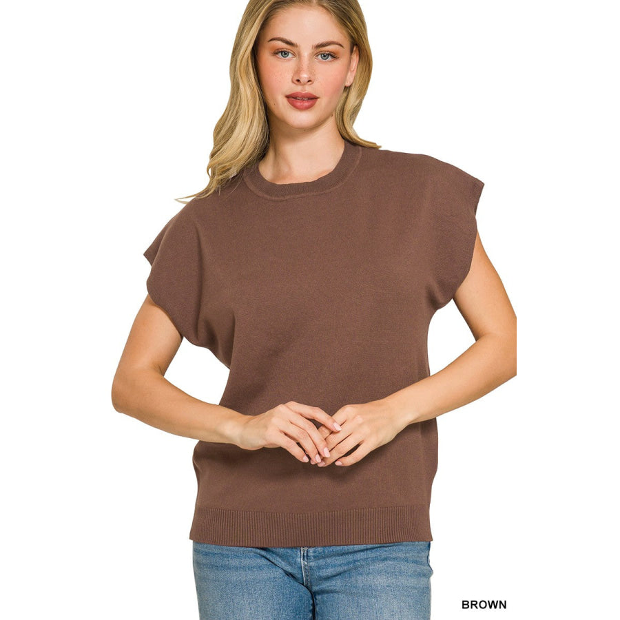 Zenana Viscose Round-neck Short Sleeve Sweater BROWN / S Apparel and Accessories