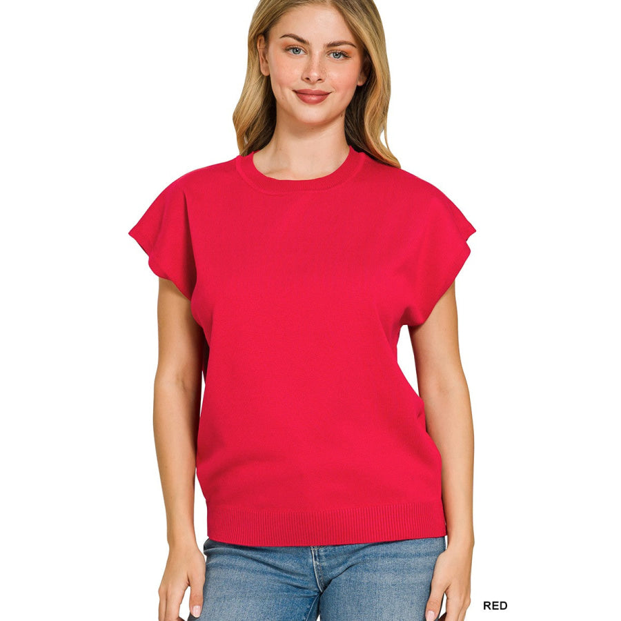 Zenana Viscose Round-neck Short Sleeve Sweater RED / S Apparel and Accessories