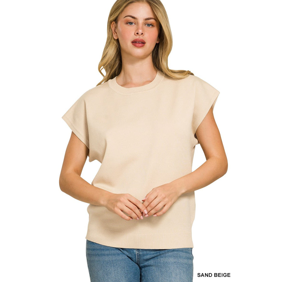 Zenana Viscose Round-neck Short Sleeve Sweater SAND BEIGE / S Apparel and Accessories