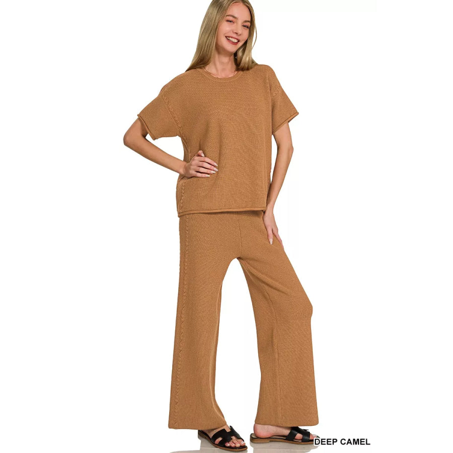 Zenana Viscose Round Neck Top & Pants Set Apparel and Accessories
