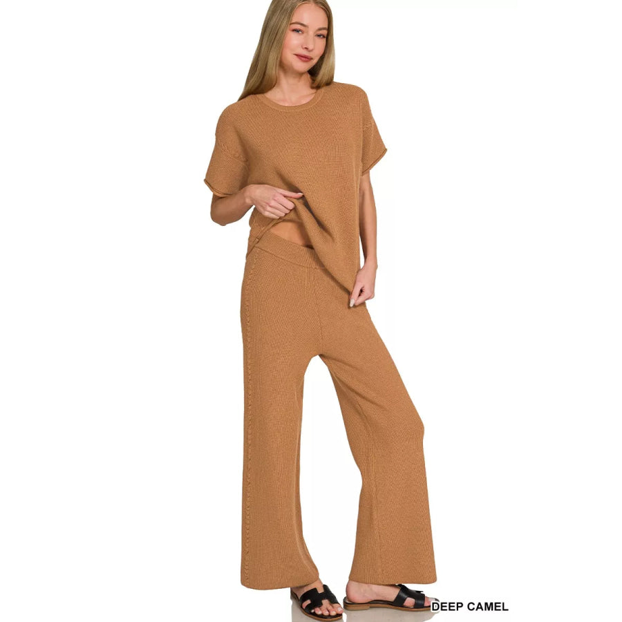 Zenana Viscose Round Neck Top & Pants Set DEEP CAMEL / S Apparel and Accessories