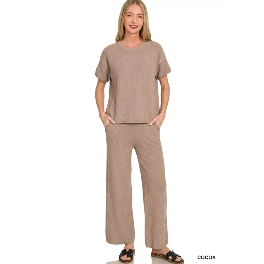 Zenana Viscose Round Neck Top & Pants Set COCOA / S Apparel and Accessories