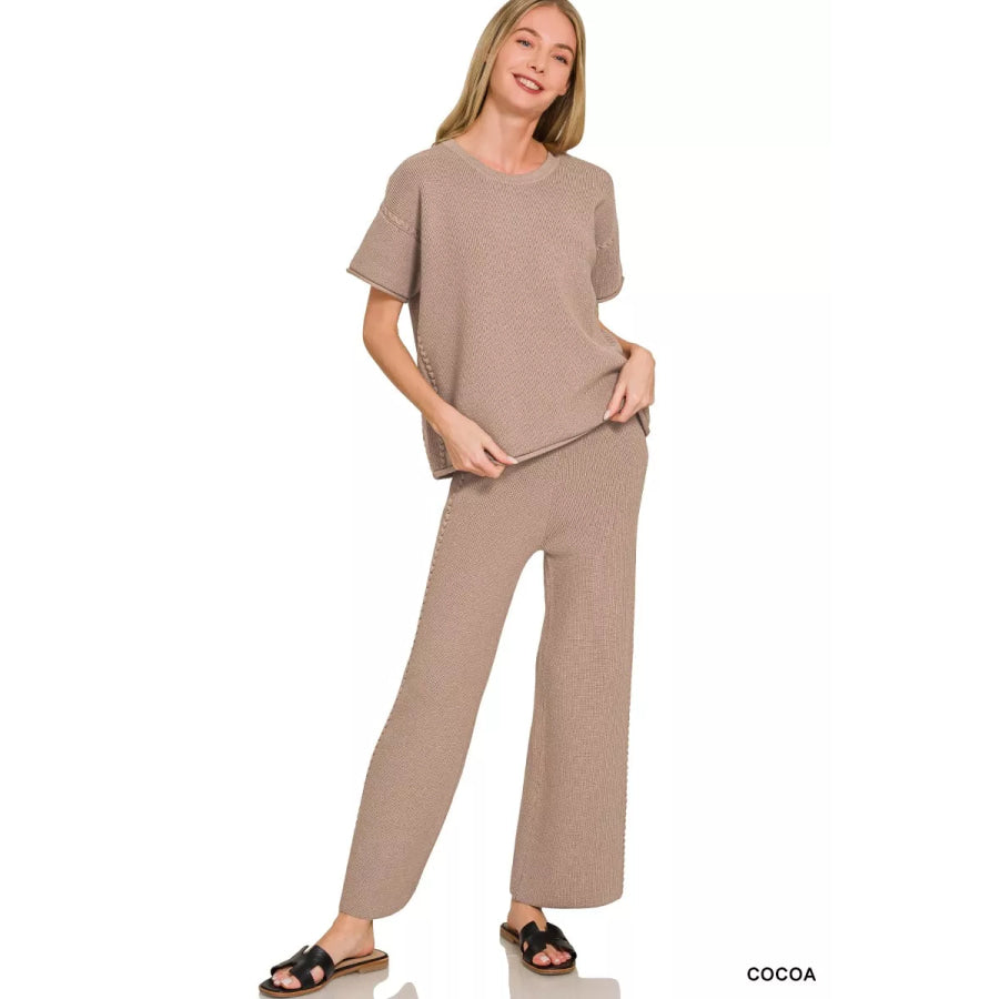 Zenana Viscose Round Neck Top & Pants Set COCOA / S Apparel and Accessories
