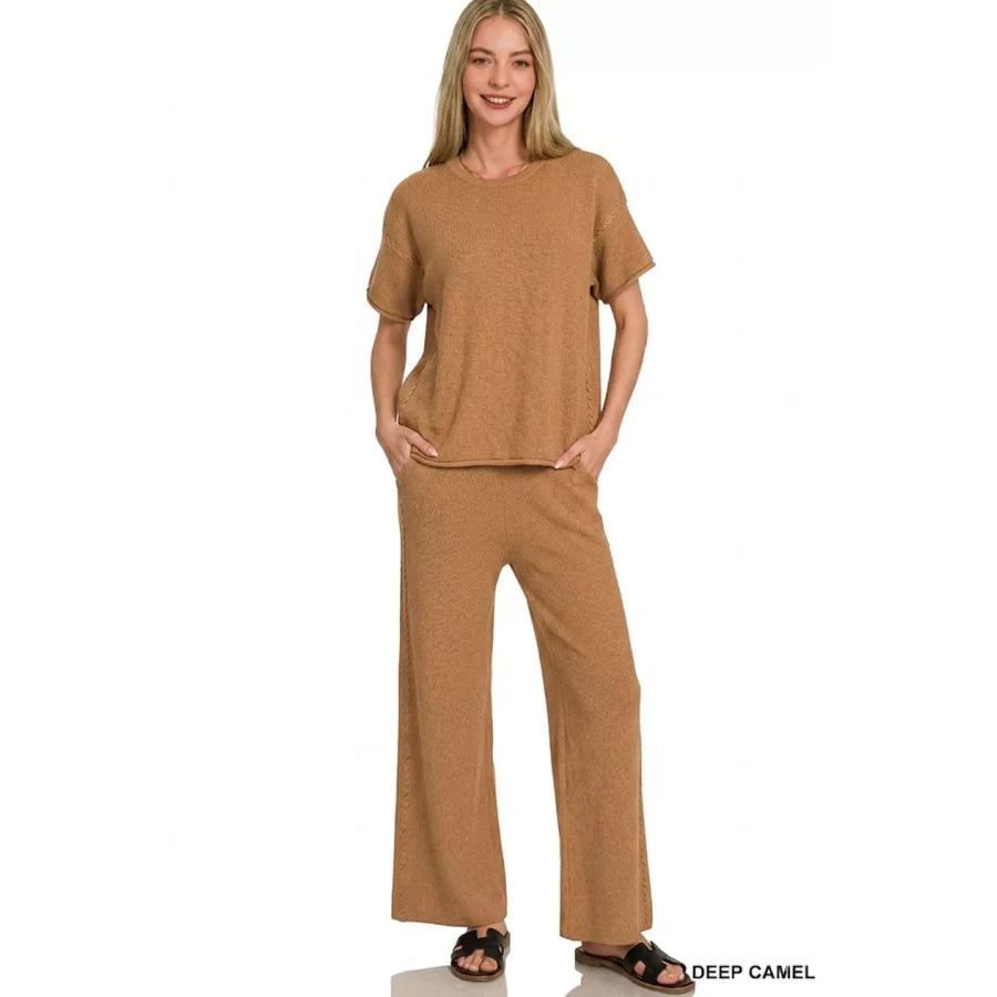 Zenana Viscose Round Neck Top & Pants Set DEEP CAMEL / S Apparel and Accessories